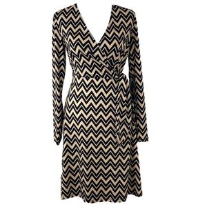 INC Faux Wrap Black Tan Chevron Dress size small